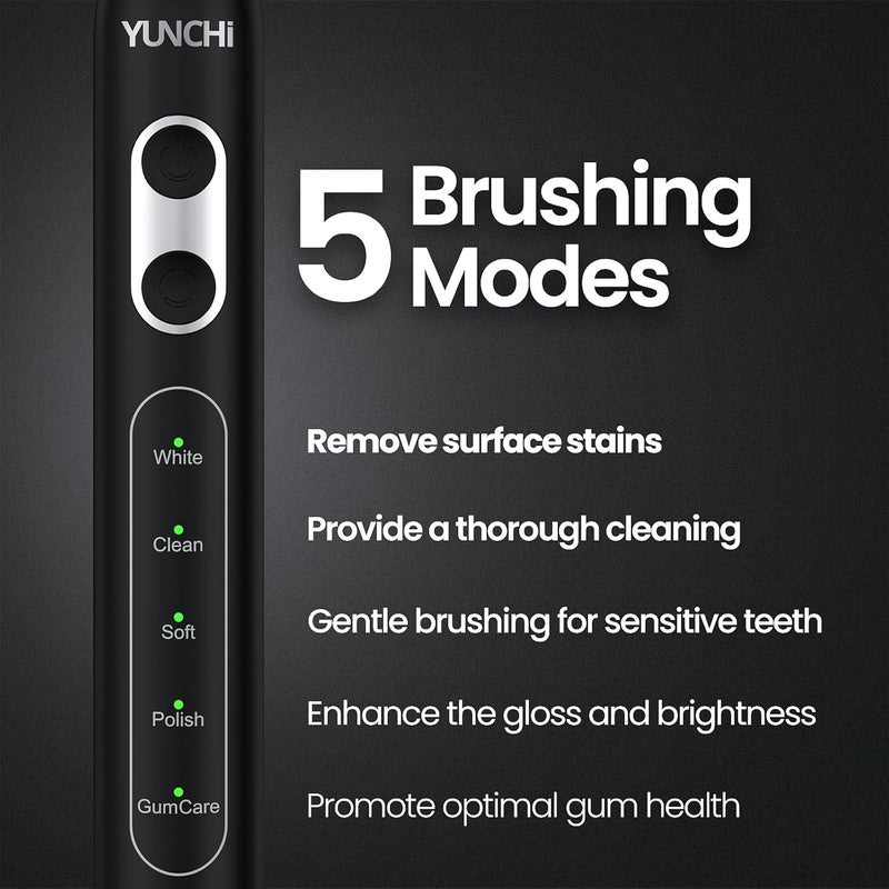 YUNCHI Electric Toothbrush Birthday/Valentine Plastic 8 Dupont Heads 24-Mo Deep Cleans Gentle Gums Removes Stains 3Hr USB-C 90d 2-Min Timer/30s IPX7 - Black - Image 3